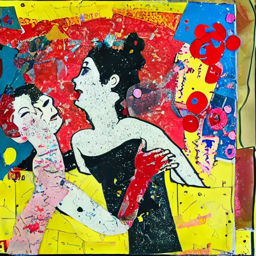 Image similar to two women kissing at a carnival, mixed media collage, retro, paper collage, magazine collage, acrylic paint splatters, bauhaus, claymation, layered paper art, sapphic visual poetry expressing the utmost of desires by jackson pollock