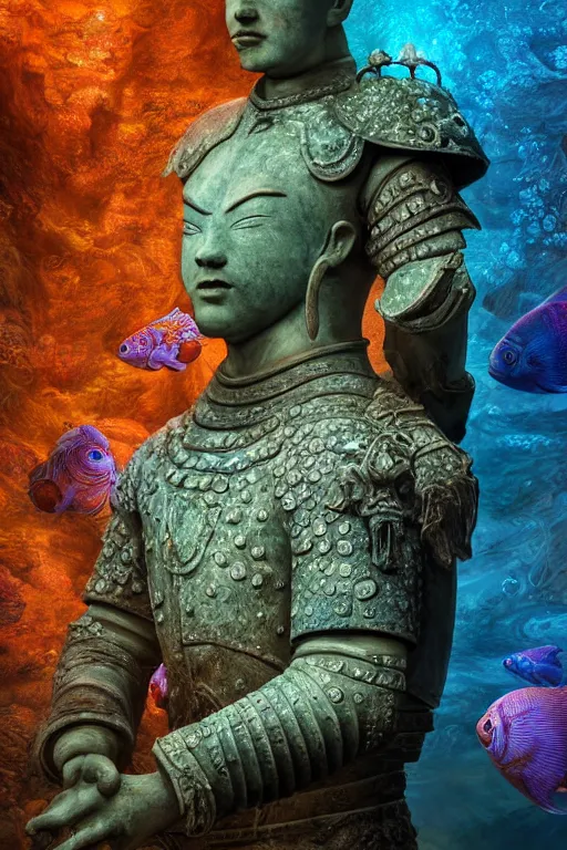 Image similar to a stunning ultra detailed underwater fantasy fine art photo of a granite statue of a terracotta warrior holding a glowing lamp, surrounded by colorful fishes, by tomasz alen kopera and anna dittman, water bubbles, very detailed, deep depth of field, 5 0 mm lens, soft lighting, artstation, highly coherent, 8 k