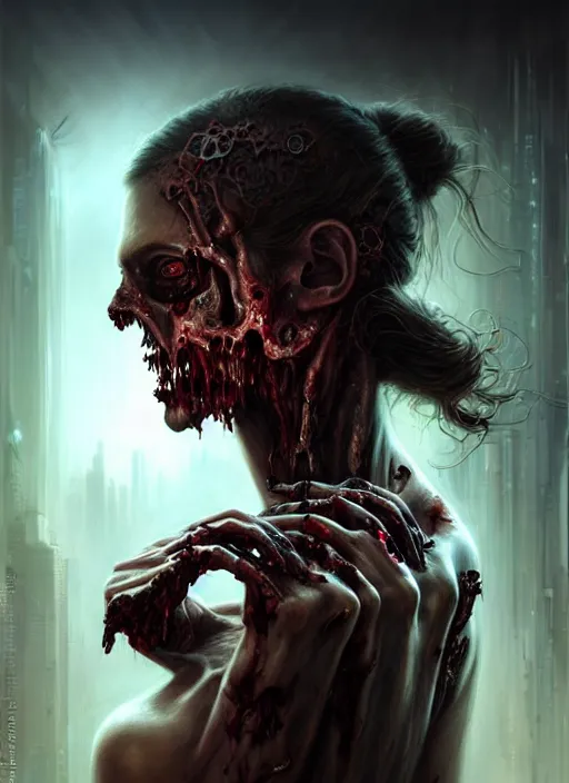 Prompt: portrait shot a cyberpunk zombie in a scenic dystopian environment, intricate, elegant, highly detailed, centered, digital painting, artstation, concept art, smooth, sharp focus, illustration, artgerm, tomasz alen kopera, peter mohrbacher, donato giancola, joseph christian leyendecker, wlop, boris vallejo