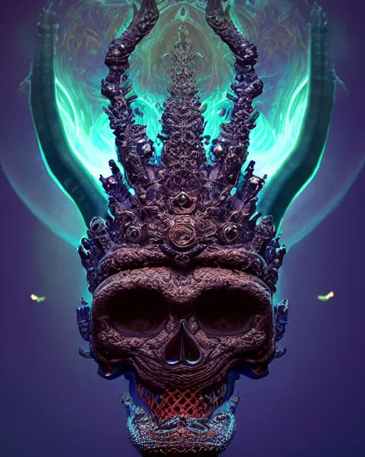 Image similar to 3 d ornate carved dark cosmic king with profile portrait, sigma 5 0 0 mm f / 5. beautiful intricate highly detailed quetzalcoatl skull. bioluminescent, plasma, lava, ice, water, wind, creature, thunderstorm! artwork by tooth wu and wlop and beeple and greg rutkowski, 8 k trending on artstation