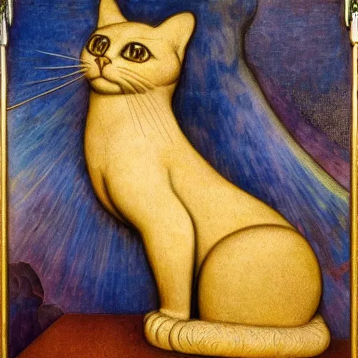 Image similar to masterpiece cloisonne cat sculpture, by annie swynnerton and diego rivera and nicholas roerich and jean delville and charlie bowater, symbolist, dramatic lighting, god rays, art brut, rich colors, smooth sharp focus, extremely detailed, adolf wolfli and ( donato giancola and bilibin )