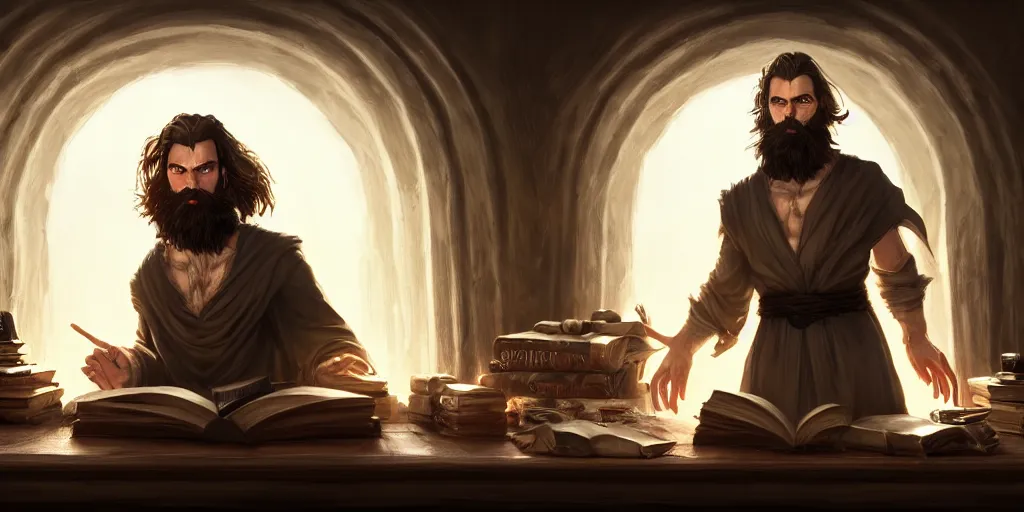 Prompt: a handsome bearded white male sorcerer in his library, the room filled with magic energy, hands hidden, brown hair, epic composition, waist up, trending on artstation, concept art, very detailed, consistent, hd, 4 k