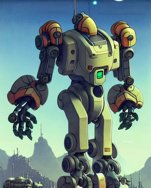 Image similar to bastion the friendly robot from overwatch, character portrait, portrait, close up, concept art, intricate details, highly detailed, vintage sci - fi poster, retro future, in the style of chris foss, rodger dean, moebius, michael whelan, and gustave dore