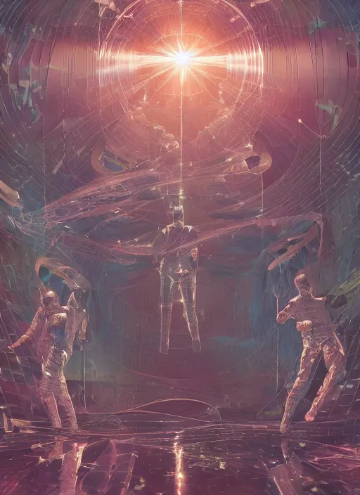 Prompt: astronauts in the abstract underwater room - complex and hyperdetailed transparent suit. reflection and dispersion materials. rays and dispersion of light. volumetric light. f / 3 2. noise film photo. flash photography. ultra realistic, ultra wide angle. holographic and anaglyph materials, poster by wayne barlowe, mike winkelmann, craig mullins