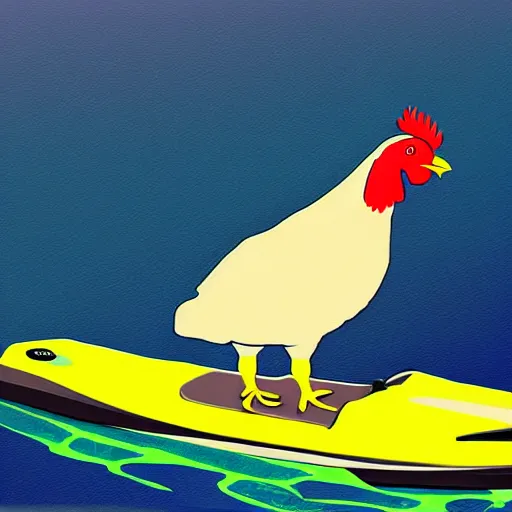 Image similar to digital art of a chicken on a jet ski, realistic, stylized, artstation, edward munch