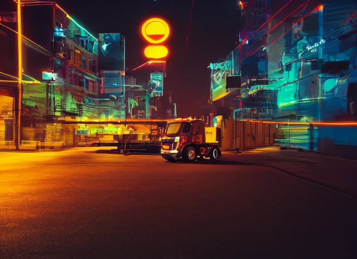 Image similar to a film still of a tonka truck driving through a neon city at night, cinematic