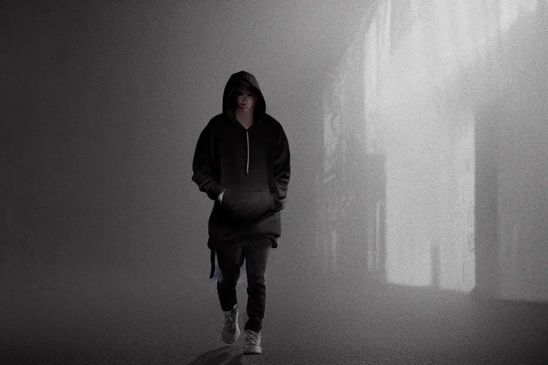 Prompt: a moody teenager in a hoodie walking down the street, dramatic lighting, cinematic scene, trending on Artstation