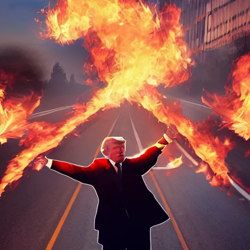 Image similar to photograph of donald trump on the highway firebending cars