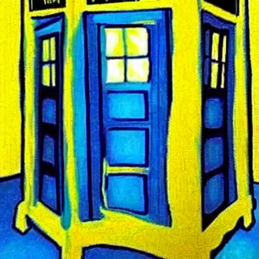 Image similar to an explosing tardis painted by van gogh