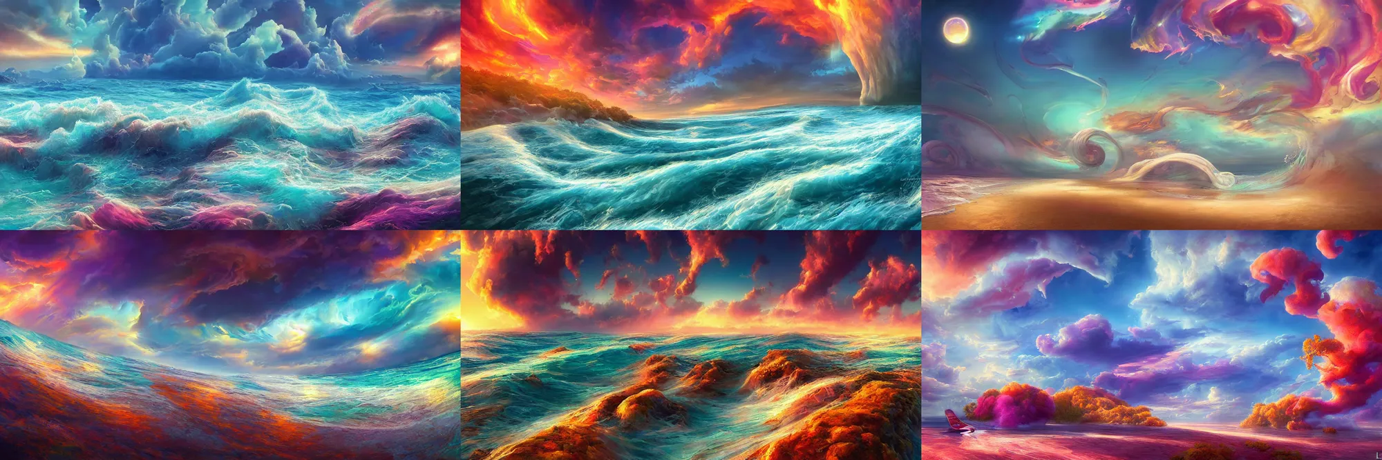 Prompt: sperical hdri map, epic smooth swirls illustration, ocean, mattepainting, fall vibrancy, swirly cotton candy clouds, by lisa frank, by greg rutkowski, by wlop, by namek