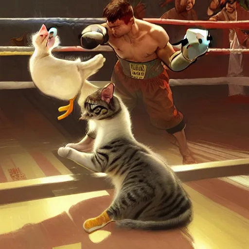 Prompt: cat and duck battle in a boxing ring, highly detailed, digital painting, artstation, concept art, sharp focus, illustration, art by greg rutkowski and alphonse mucha