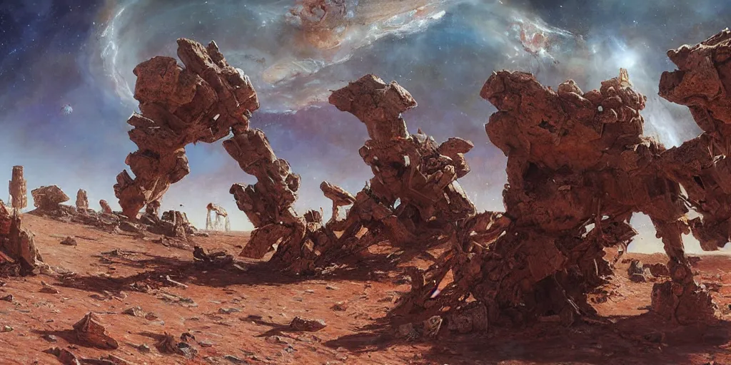 Prompt: supernova, neo brutalism space station ruins in the mars desert, accurate perspective, red trees, painted by steve mccurry, ruan jia, raymond swanland, lawrence alma tadema, zdzislaw beksinski, norman rockwell, jack kirby, tom lovell, alex malveda, greg staples