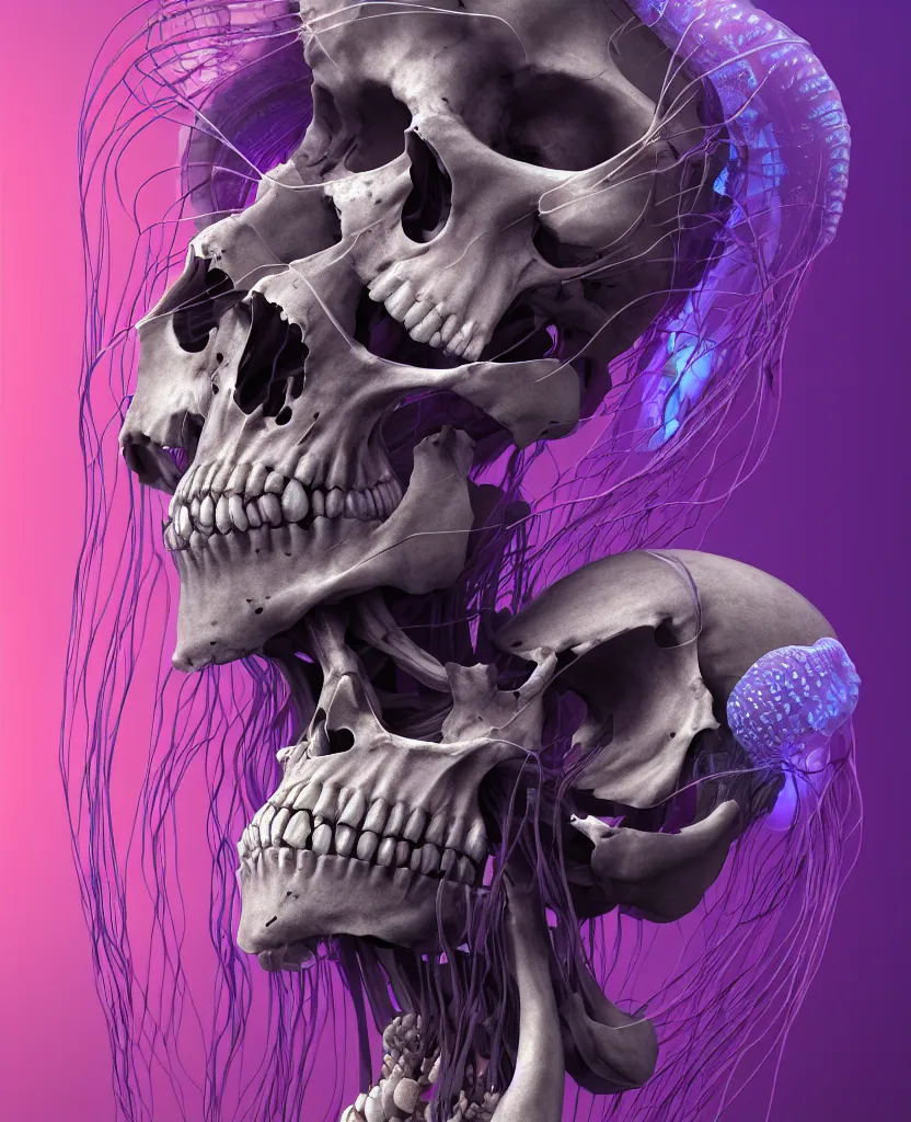 Image similar to goddess close - up portrait human skeleton, ram skull, jellyfish, orchid, betta fish, bioluminiscent, intricate artwork by tooth wu and wlop and beeple. octane render, trending on artstation, greg rutkowski very coherent symmetrical artwork. cinematic, hyper realism, high detail, octane render, 8 k