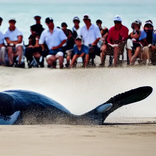 Image similar to highly detailed winning photo of a midget golfer riding a beached whale. the crowd is cheering him as tiger woods looks on in defeat. highly detailed render, photorealistic, photography