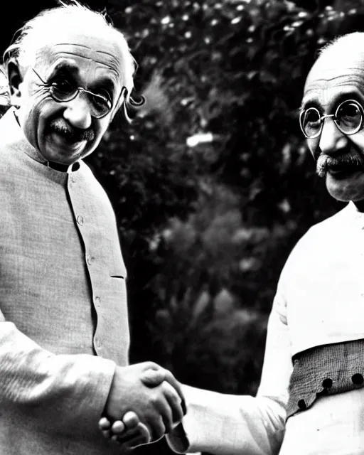 Prompt: A photo of Albert Einstein shaking hands with Mahatma Gandhi, highly detailed, trending on artstation, bokeh, 90mm, f/1.4