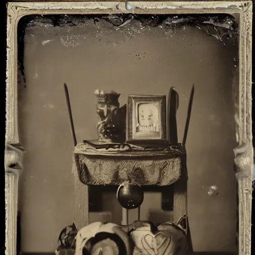 Image similar to Tintype photograph of a magical objects displayed in an ethnographic museum, archive material, anthropology, 1920s studio lighting.