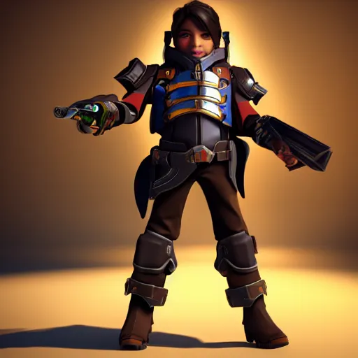 Prompt: a young boy with the appearance and armor of mccree from overwatch, design, octane render, 4 k, ingame shot
