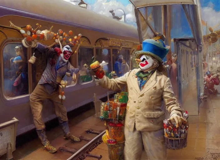 Image similar to a clown selling goodies on the train, highly detailed painting by gaston bussiere, craig mullins, j. c. leyendecker 8 k