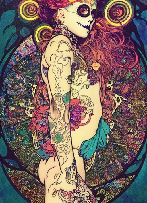 Image similar to cute punk goth fashion fractal Día de los Muertos tattooed hologram girl posing, psychedelic poster art of by Victor Moscoso Rick Griffin Alphonse Mucha Gustav Klimt Ayami Kojima Amano Charlie Bowater, masterpiece