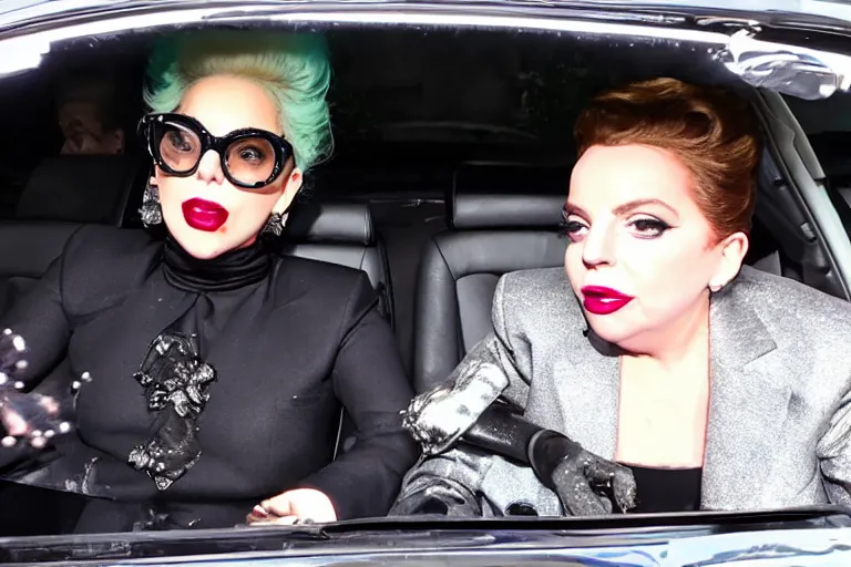 Image similar to lady gaga and judy garland carpool karaoke, highly realistic, highly detailed, high resolution, 8 k 4 k,