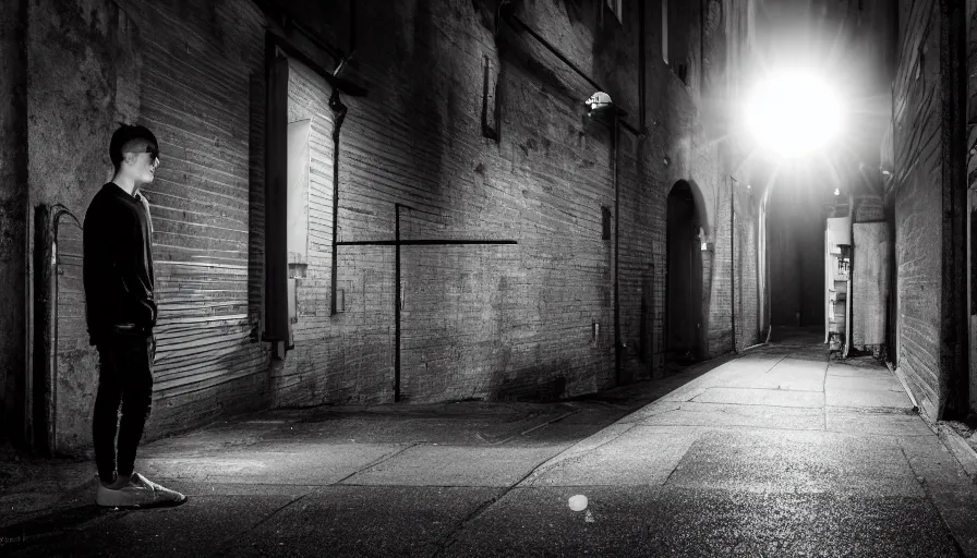 Image similar to photorealistic 1 6 mm, f / 1. 4, iso 2 0 0, shutter speed 2, on tripod. focused on a person standing in a long dark alleyway. in - between two tall buildings. light spilling from small windows lighting up their sides