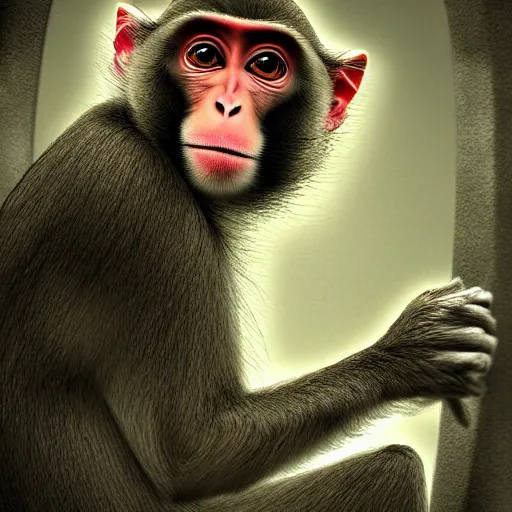 Prompt: macaque inside alien base, digital art, soft shadows