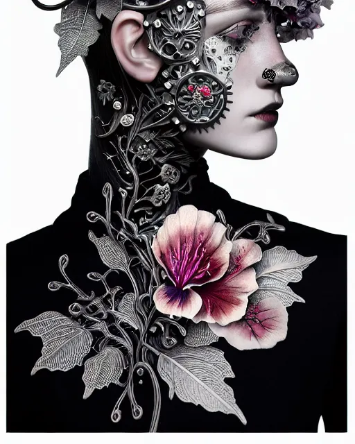 Image similar to monochrome profile portrait painting, dutch masters, silver lace floral steampunk biomechanical beautiful young female cyborg with one fluo techno eye, monocular, volumetric light, leaves foliage and stems, hibiscus flowers, rim light, big gothic fashion pearl embroidered collar, 8 k