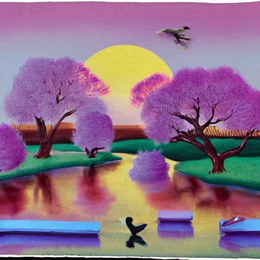 Image similar to a landscape with a purple sun with cotton candy trees flying ducks