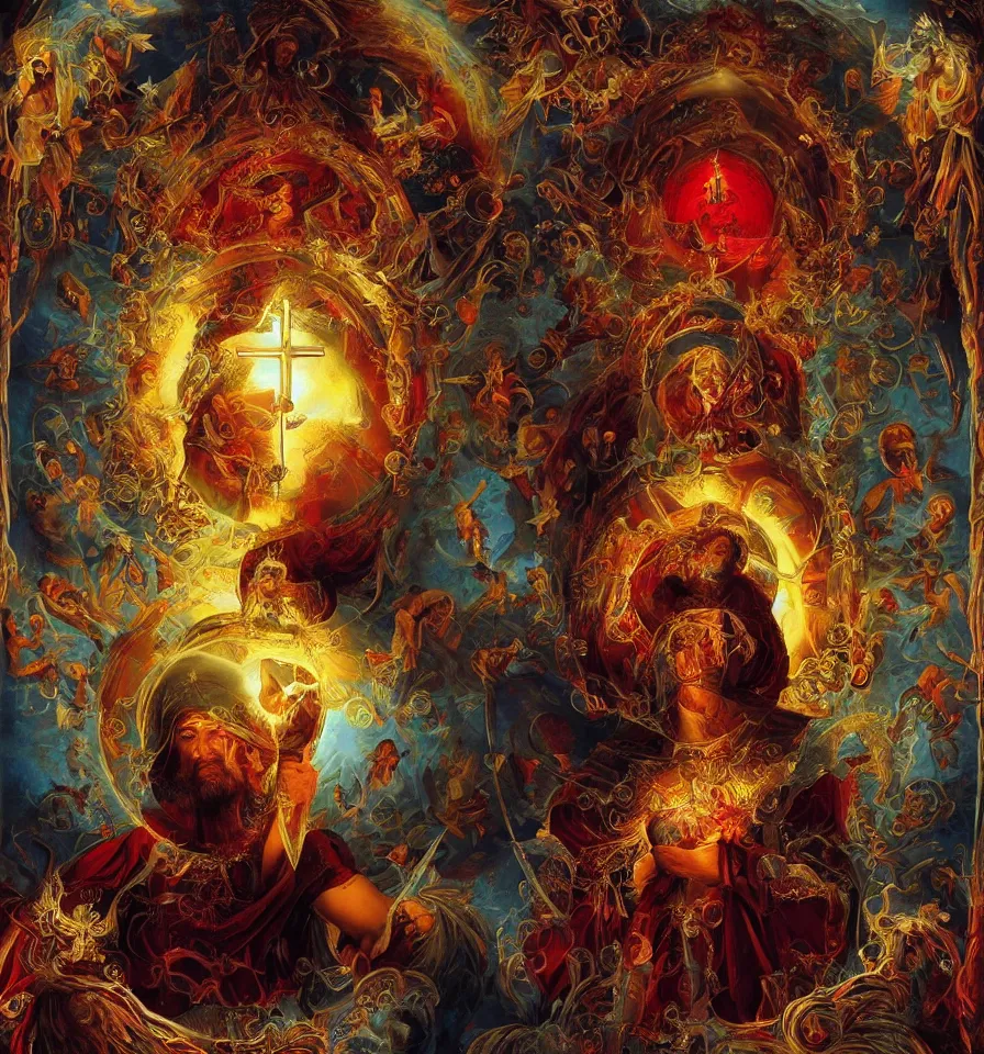 Image similar to A orthodox icon made of a blood , angels falling from heaven + refractive light + caustics + backlit + incredible lighting + strong rim light + highly detailed + god rays + digital painting + HDRI + vivid colors + high contrast + 8k resolution + intricate + photorealistic + smooth + by Alvaro Castagnet + Peter Mohrbacher + Dan Mumford