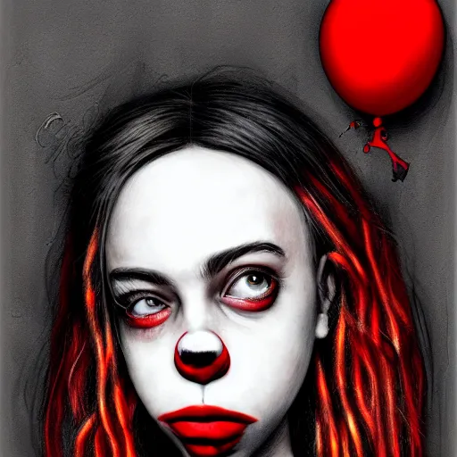 Image similar to surrealism grunge cartoon portrait sketch of billie eilish with a wide smile and a red balloon by - michael karcz, loony toons style, clown style, horror theme, detailed, elegant, intricate