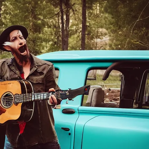 Prompt: A folkpunk brown hound dog playing the guitar in front of a pickup truck after the apocalypse