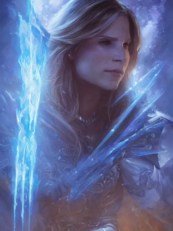 Image similar to Kristin Bell casting a lighting spell, blue lighting, D&D, fantasy, highly detailed, digital painting, trending on artstation, concept art, sharp focus, illustration, art by artgerm and greg rutkowski and magali villeneuve