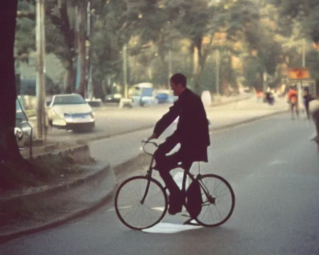 Image similar to a lomographic photo of a priest on bicycle, year 1 9 7 0, cinestill, bokeh, perfect light, high details, symetry, perfect high quality