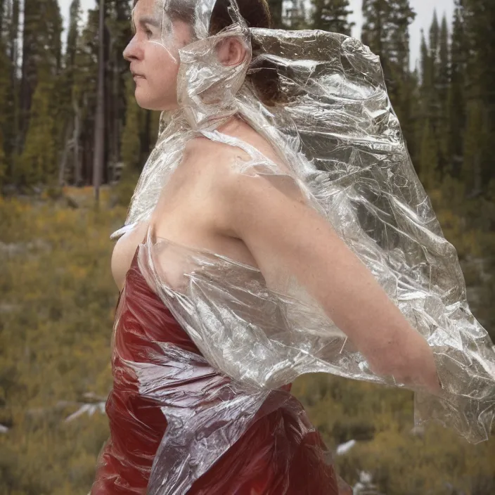 Image similar to a color photograph, closeup portrait of a woman wrapped in plastic, in grand yellowstone national park in wyoming, color photograph, by vincent desiderio, canon eos c 3 0 0, ƒ 1. 8, 3 5 mm, 8 k, medium - format print