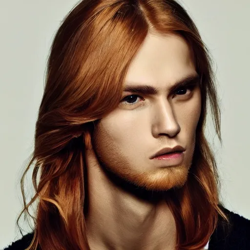 Image similar to a beautiful picture of a jong red blond european man wiht a sharp face and brown eyes, long hair, pointy nose, straight hair