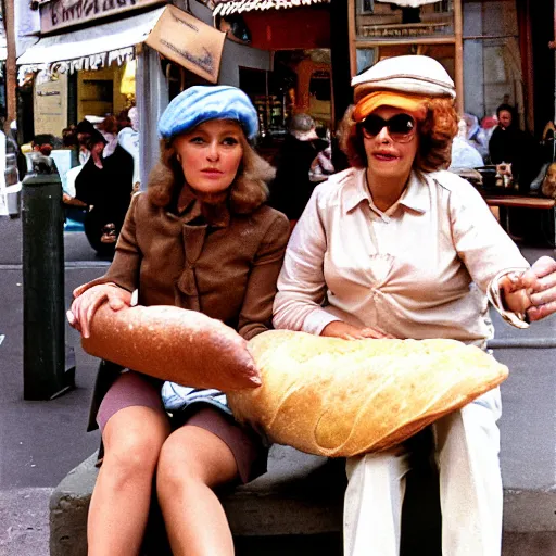 Image similar to professional archival photo of a woman and her friend, a puppet that looks like an enormous baguette, in a sidewalk cafe in paris, wearing berets, 16mm film soft color, earth tones and some color accents 1976, vacation photo, expired film, in style of doris wishman russ meyer, woman looks like sofia loren