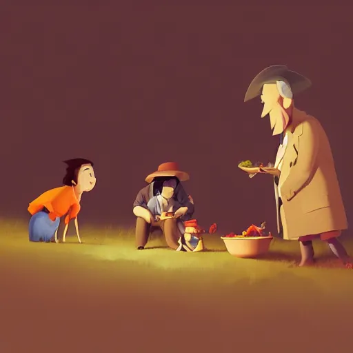 Prompt: goro fujita ilustration people eating in the field, characterized by francisco de goya, character art, sharp focus, highly detailed, artstation