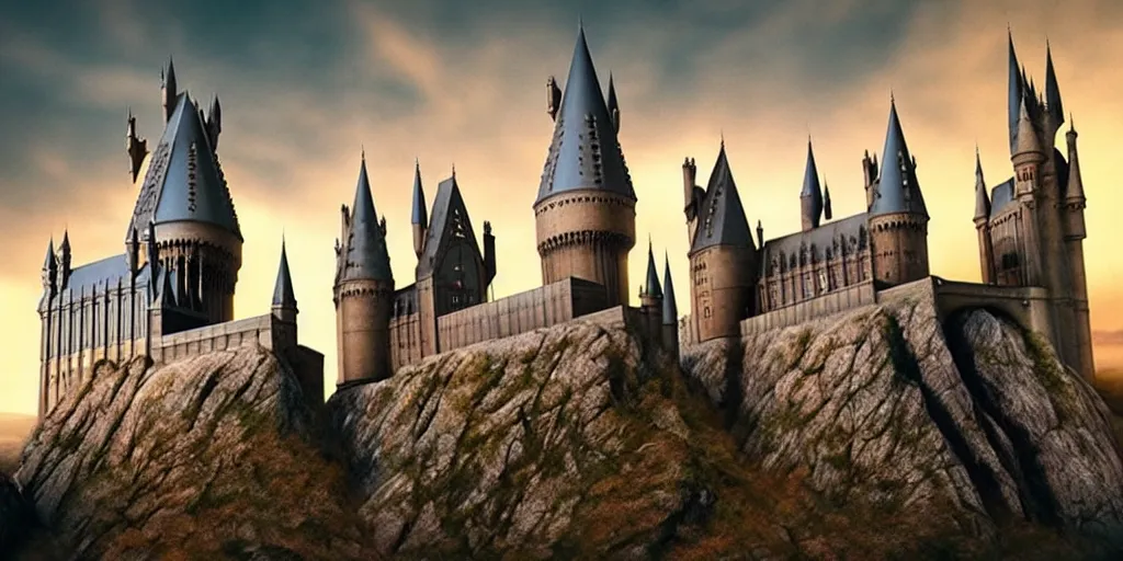 Prompt: film still. screenshot. hogwarts castle. landscape. during golden hour. cinematic lighting. directed by christopher nolan and denis villeneuve. extremely detailed. 4 k.