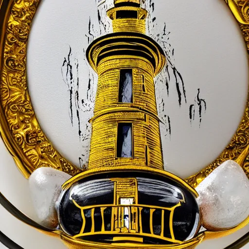 Image similar to an ornate lighthouse table statue, detailed with white and gold filagree and goldleaf decorative elements, sitting on a desk, painstaking detail, black lacquer, glossy shiny reflective, splashed with graffiti art