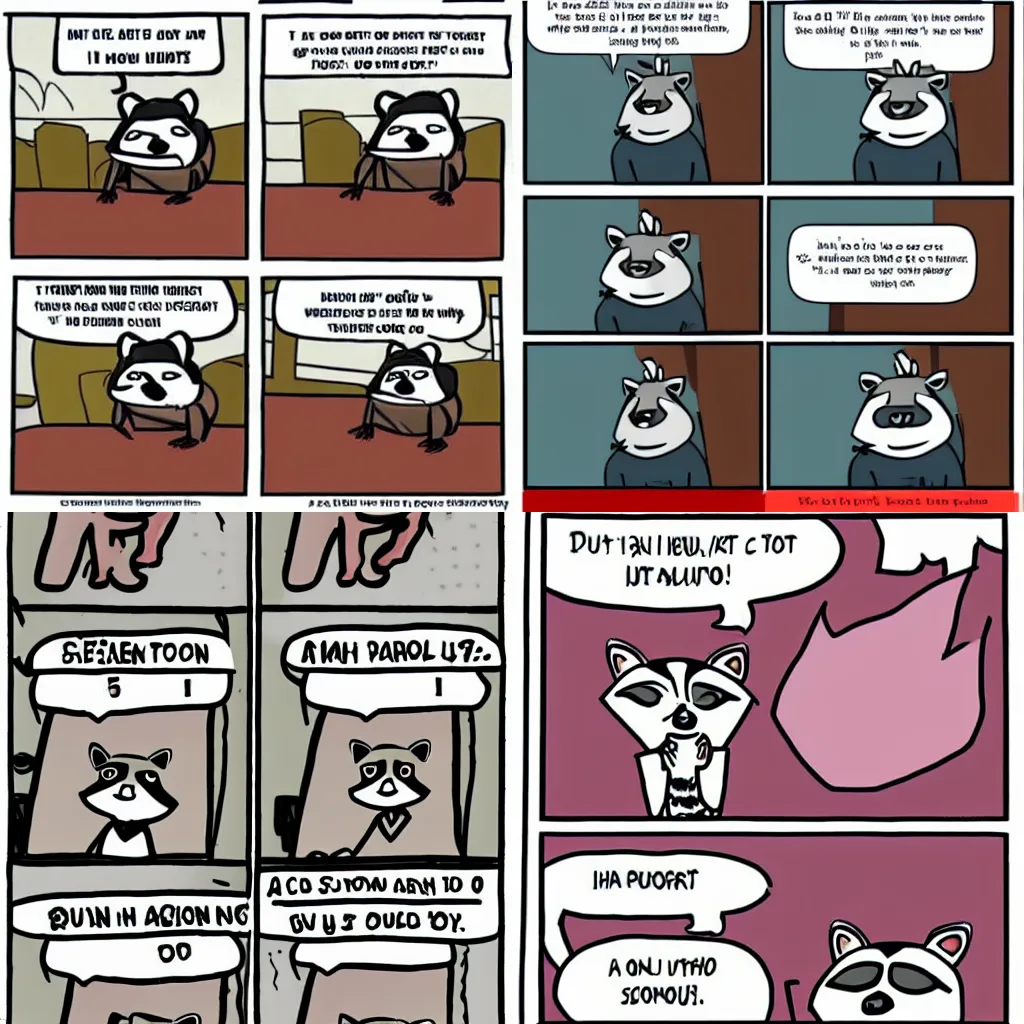 Prompt: A raccoon in a boomer humour comic written in English