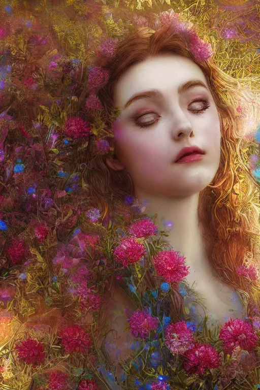 Image similar to elaborately detailed close up portrait of an extremely beautiful girl surrounded by flowers, an eerie mist and ethereal rainbow bubbles, Aetherpunk, high fantasy matte painting, fantasy matte painting movie poster, Art Nouveau, smooth, sharp focus, atmospheric lighting, highly detailed illustration highlights, backlight, golden ratio, 8K detail post-processing, symmetrical facial features, rich deep moody colors, majestic, dark epic fantasy, award winning picture, sense of awe, featured on DeviantArt, trending on cgsociety