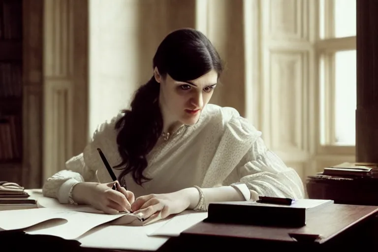 Image similar to georgian katie mcgrath writing at her desk by vittorio reggianini, bright lighting, perfectly detailed eyes, beautiful hands, pale skin, clear face