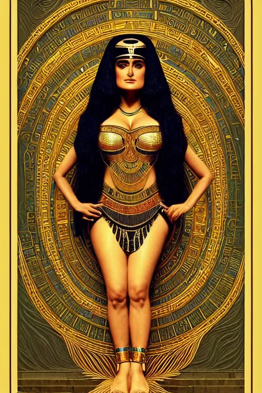 Prompt: Portrait of Salma Hayek as Cleopatra, intricate art deco leaf designs, elegant, highly detailed Egyptian patterns, hieroglyph, sharp focus, art by Artgerm and beeple