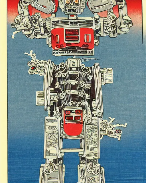 Image similar to Hiroshige portrait of a robot saint made of cables and robotic pod by Jack Kirby