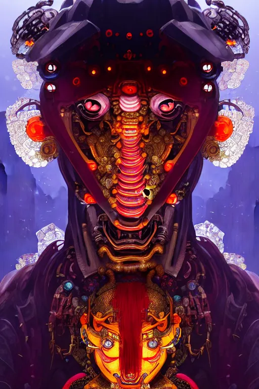 Image similar to asura from chinese myth, ghost, gorgeous and huge head ornaments, dystopian, cyberpunk, organic fractal mycelum and fungi, mecha, halfturn portrait of a big crystal face made of crystals half - turn, ominous, intricate, studio, art by anthony macbain + greg rutkowski + alphonse mucha, concept art, 4 k, sharp focus