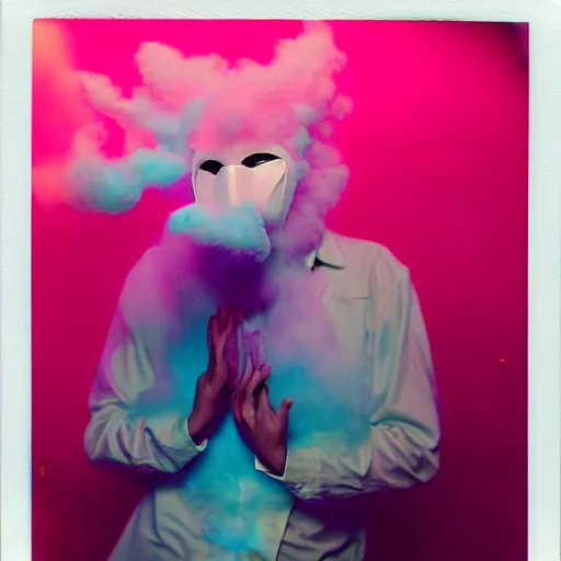 Prompt: polaroid of dancers that are made from cotton candy and smoke, with huge animal mask heads, mix, DADA collage, texture, lomography, fashion neon light