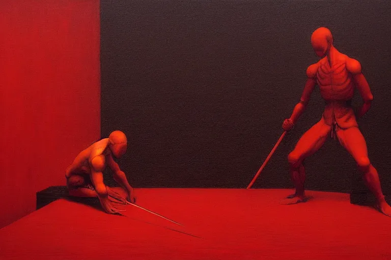 Image similar to only with red, a red samurai do seppuku, tokio, a lot of frogs watch, in the style of beksinski, parts by edward hopper, parts by rodcenko, parts by yue minjun, intricate and epic composition, red by caravaggio, insanely quality, highly detailed, masterpiece, red light, artstation, 4 k