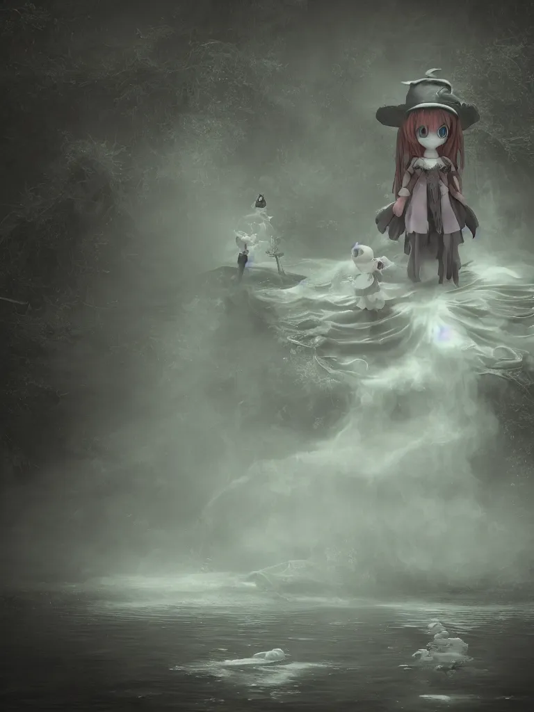 Prompt: cute fumo plush girl witch standing in reflective murky river water, otherworldly gothic horror maiden in tattered cloth, hazy heavy swirling murky volumetric fog and smoke, moonglow, lens flare, vray