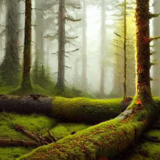 Prompt: Fantasy Oil painting of Hoh National Forest and logs covered in moss, Greg Rutkowski, National Geograpic, Trending on Artstation, Afternoon Glow n- 8 H- 640 W- 360
