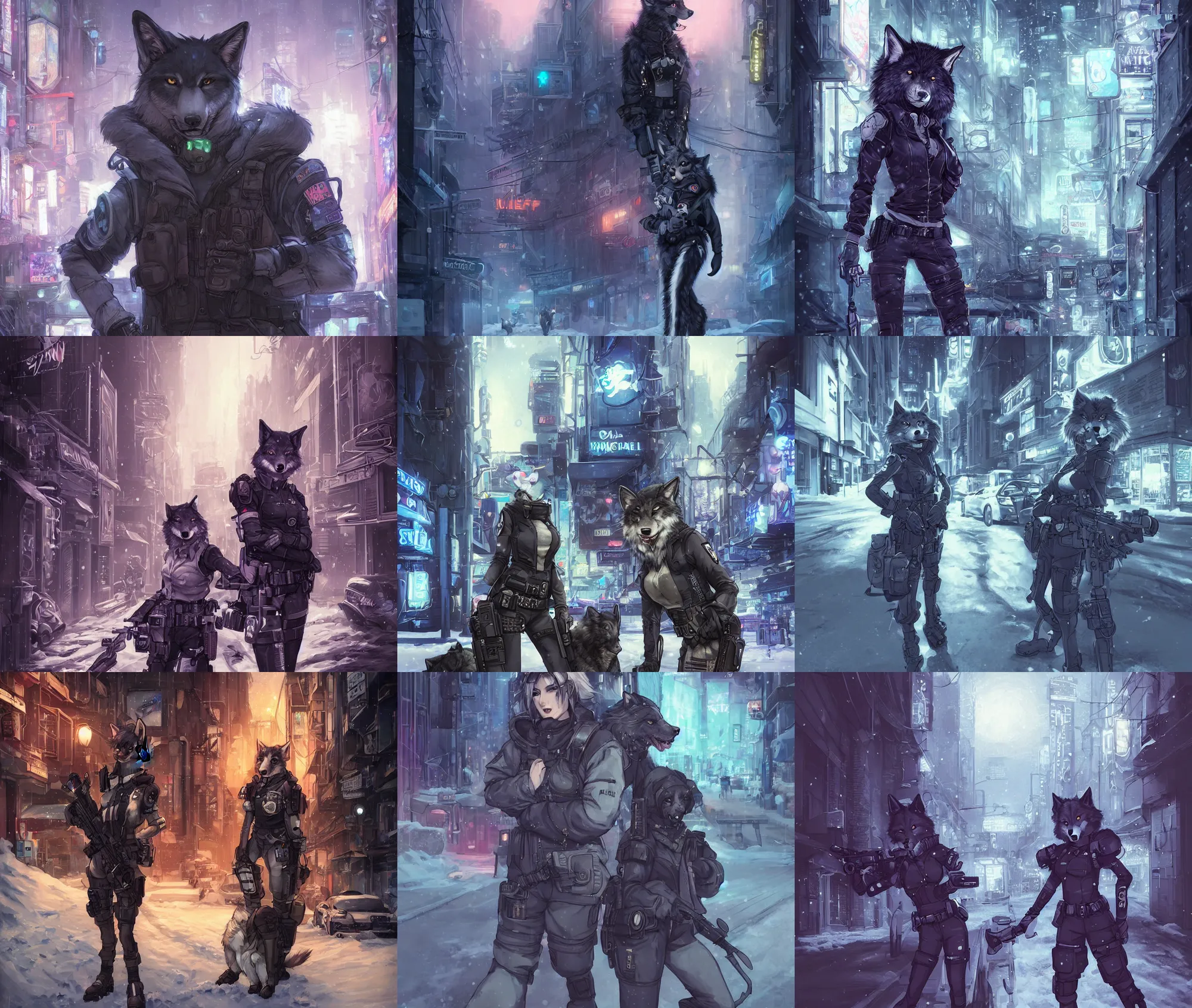 Image similar to beautiful furry art portrait commission of a female furry anthro wolf fursona both wearing a tactical swat uniform in the streets of a cyberpunk city at night in the snow. neon signs. character design by charlie bowater, ross tran, artgerm, and makoto shinkai, detailed, inked, western comic book art